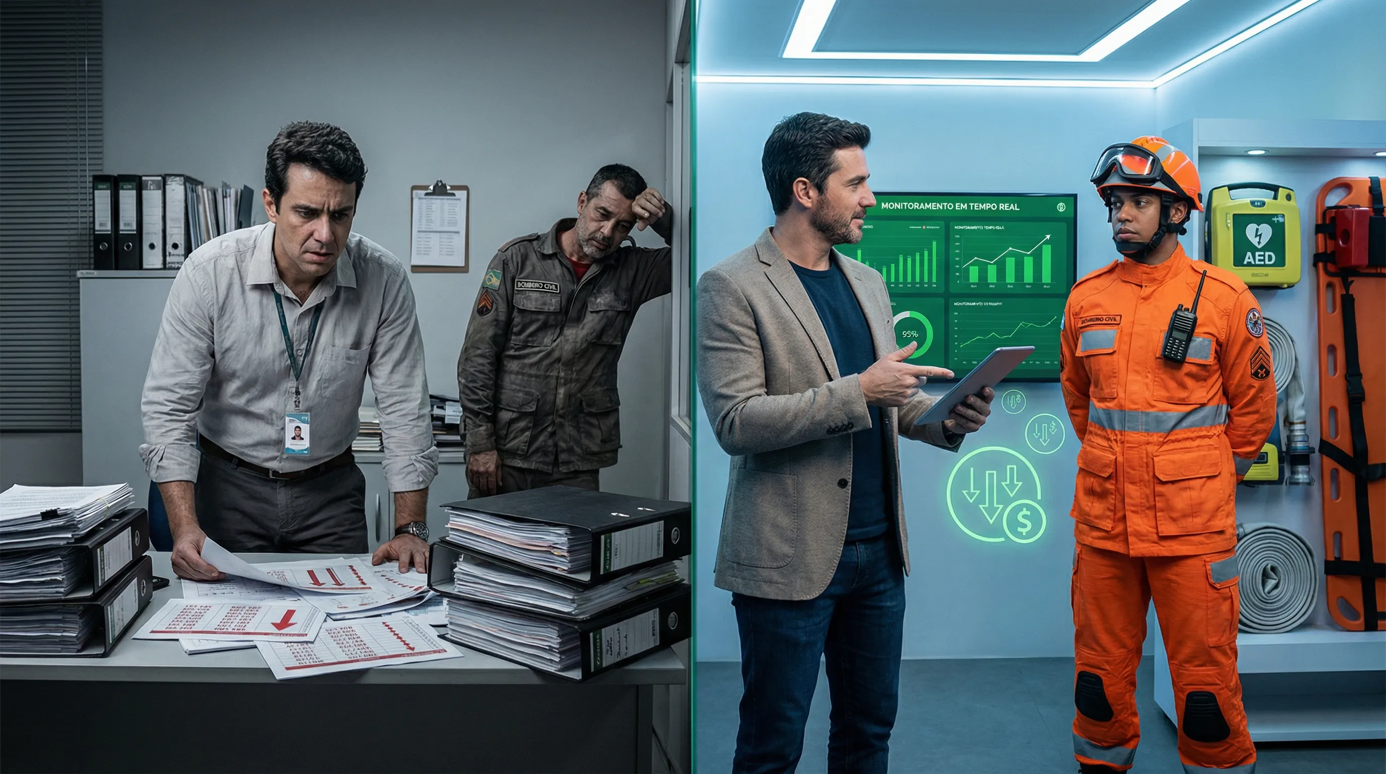 Comparação entre gestão própria desorganizada e terceirização profissional de bombeiro civil com monitoramento em tempo real